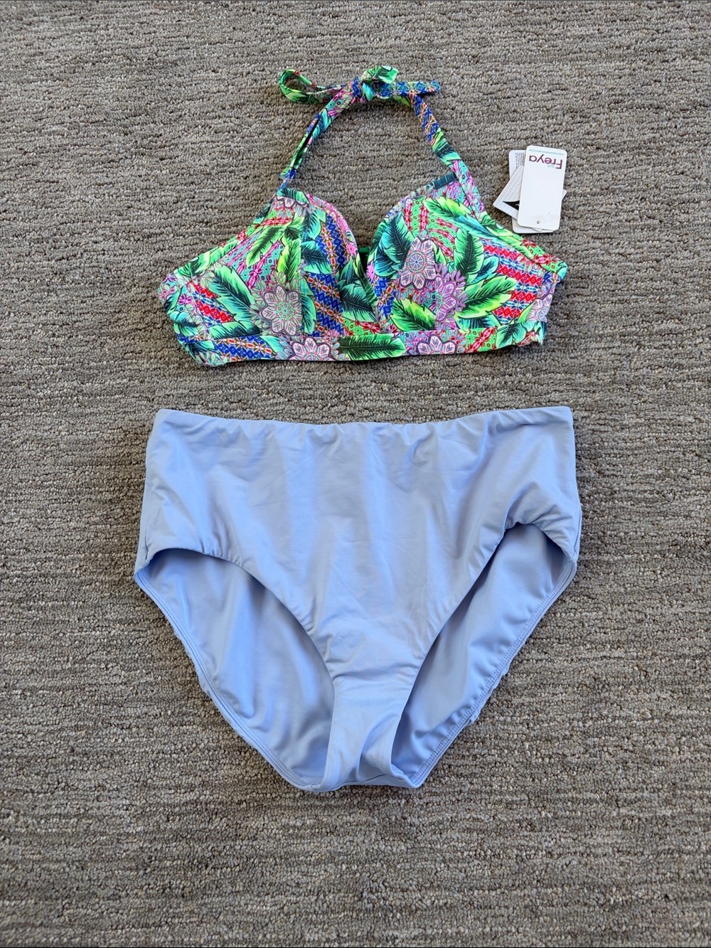 Tropical Print Halter Bikini Top with Light Blue High Waist Lands End Bottoms